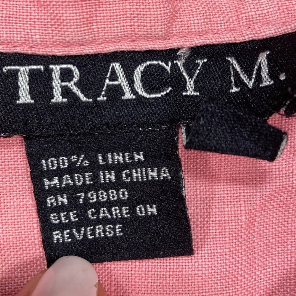 Tracy M Pink 100% Linen Pintuck Button Down Shirt Band Collar Long Sleeve Top - Picture 3 of 12
